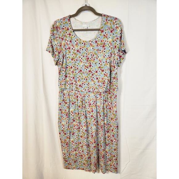 J. Jill $99 Medium Blue Pink Green Floral Overlay Stretch Knit Dress w/ Pockets - Picture 2 of 14